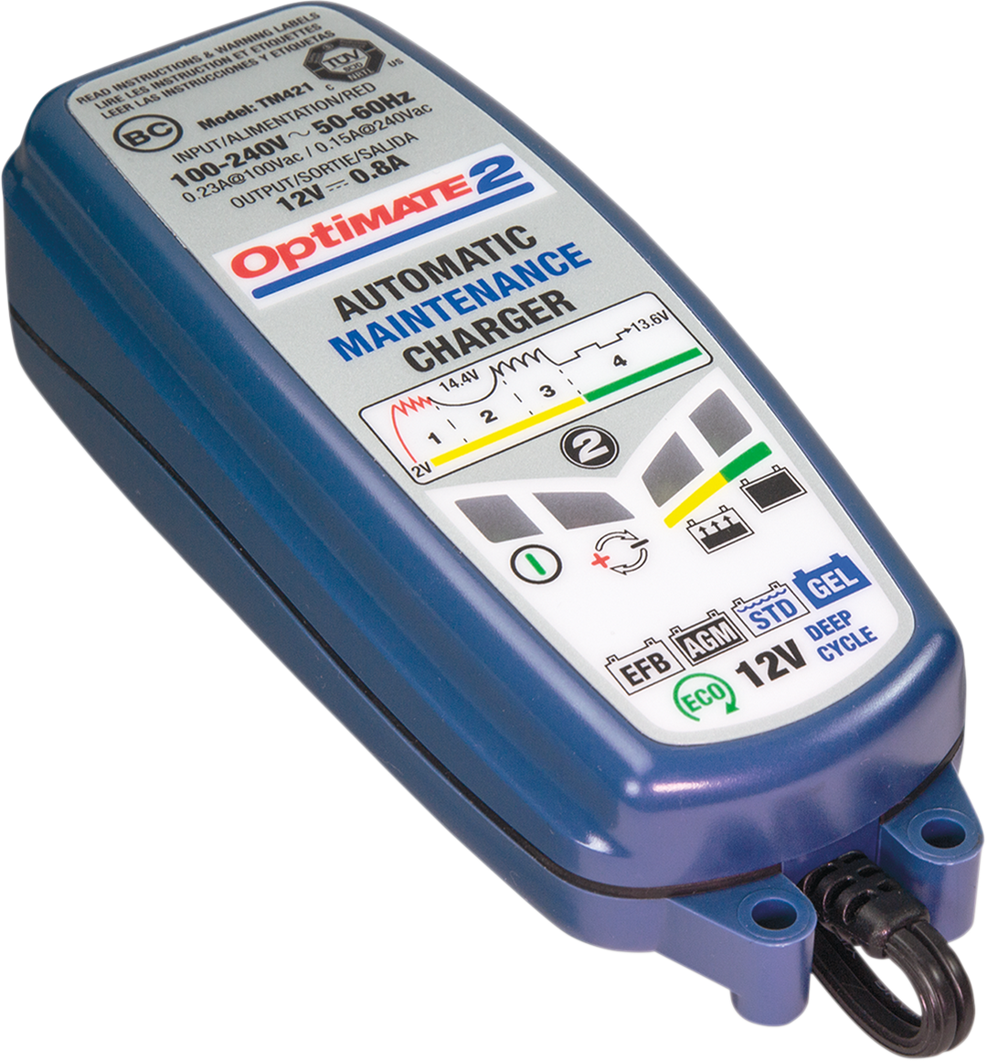 Chargeur Tecmate Optimate 2 4 étapes 12 V 0,8 A (TM-421)