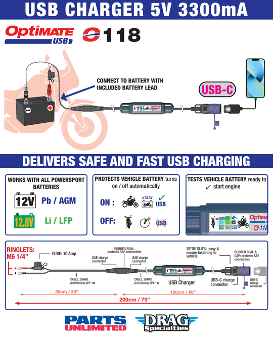 Batterie Tecmate Optimate vers chargeur USB-C (O-118)